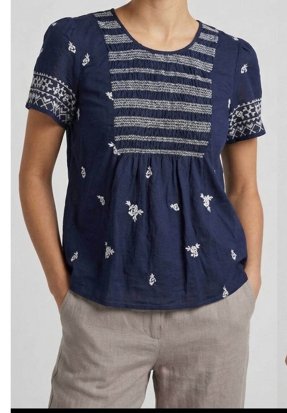 Lucky Brand Small Navy Blue Embroidery Short Sleeve Top Cotton